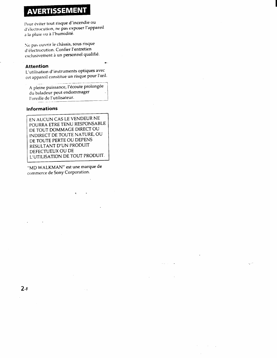 Avertissement, Attention, Informations | Sony MZ-R50 User Manual | Page 39 / 195