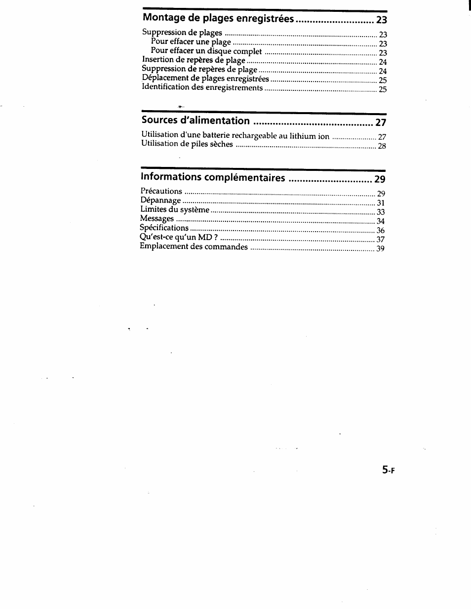 Montage de plages enregistrées, Sources d'alimentation, Informations complémentaires | Sony MZ-R50 User Manual | Page 42 / 195