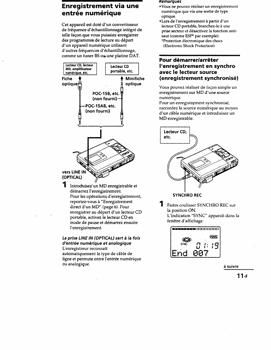 Enregistrement via une entrée numérique, Poc-15b, etc. (non fourni), Vers line in (optical) | End 007 | Sony MZ-R50 User Manual | Page 48 / 195