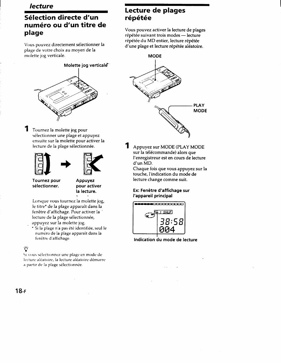 Lecture, Lecture de plages répétée, 3 8 ' s 8 | Sony MZ-R50 User Manual | Page 55 / 195