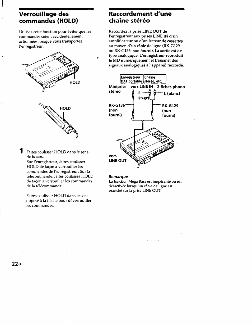 Verrouillage des commandes (hold), Raccordement d'une chaîne stéréo | Sony MZ-R50 User Manual | Page 59 / 195