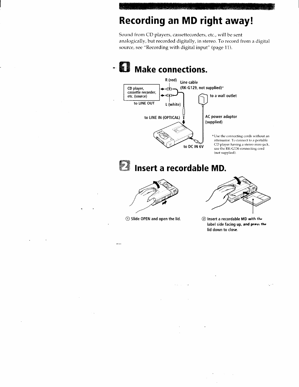 Recording an md right away, Make connections, Insert a recordable md | Sony MZ-R50 User Manual | Page 6 / 195