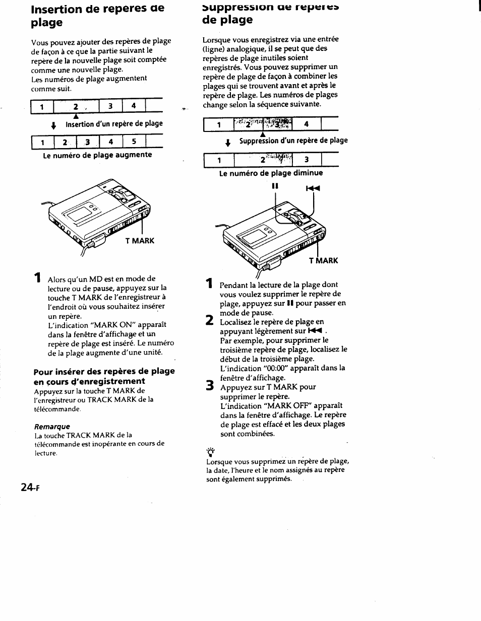 Insertion de repères ae plage, De plage, Insertion de repères de plage | Suppression ae repeie | Sony MZ-R50 User Manual | Page 61 / 195