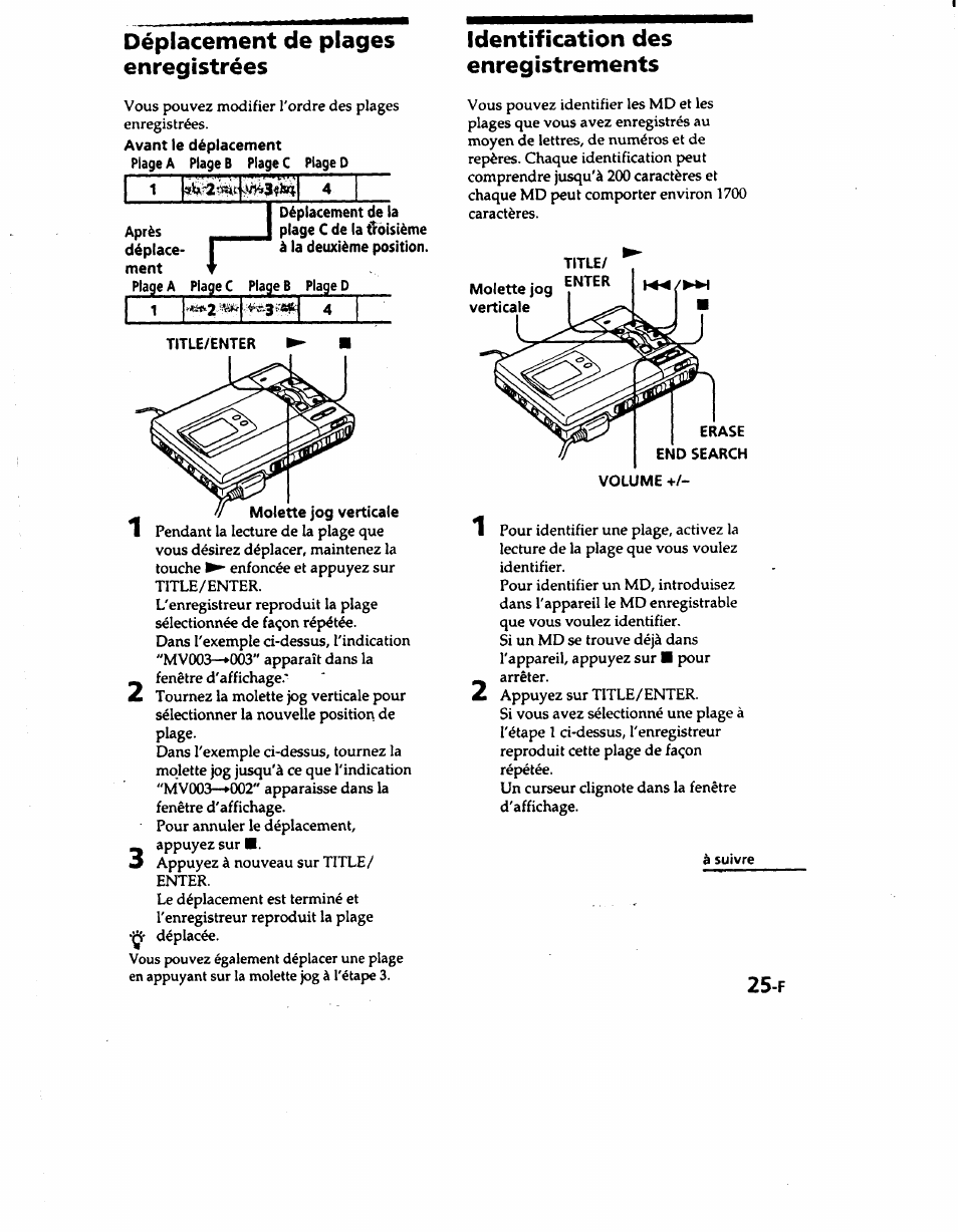 Déplacement de plages enregistrées, Identification des enregistrements | Sony MZ-R50 User Manual | Page 62 / 195