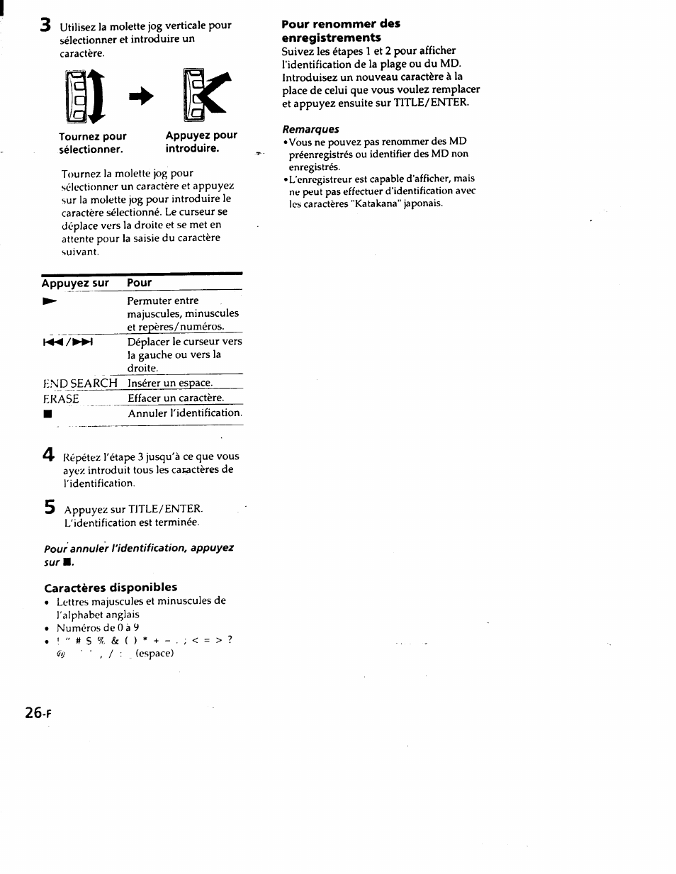 Pour renommer des enregistrements, Caractères disponibles | Sony MZ-R50 User Manual | Page 63 / 195