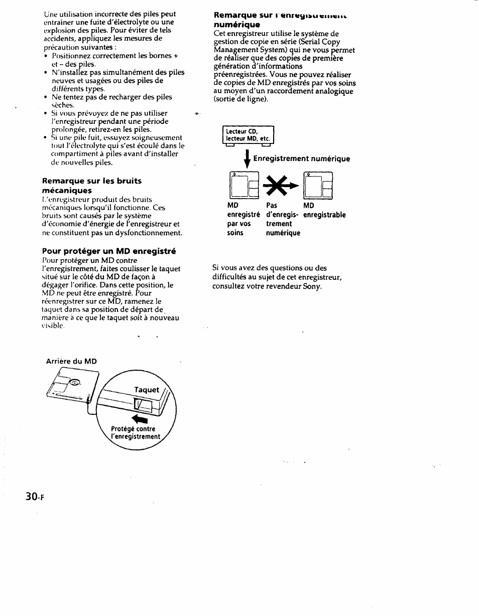 Remarque sur les bruits mécaniques, Remarque sur i enreyi>u«i numérique, Enregistrement numérique | Enregistrable, Pour protéger un md enregistré | Sony MZ-R50 User Manual | Page 67 / 195