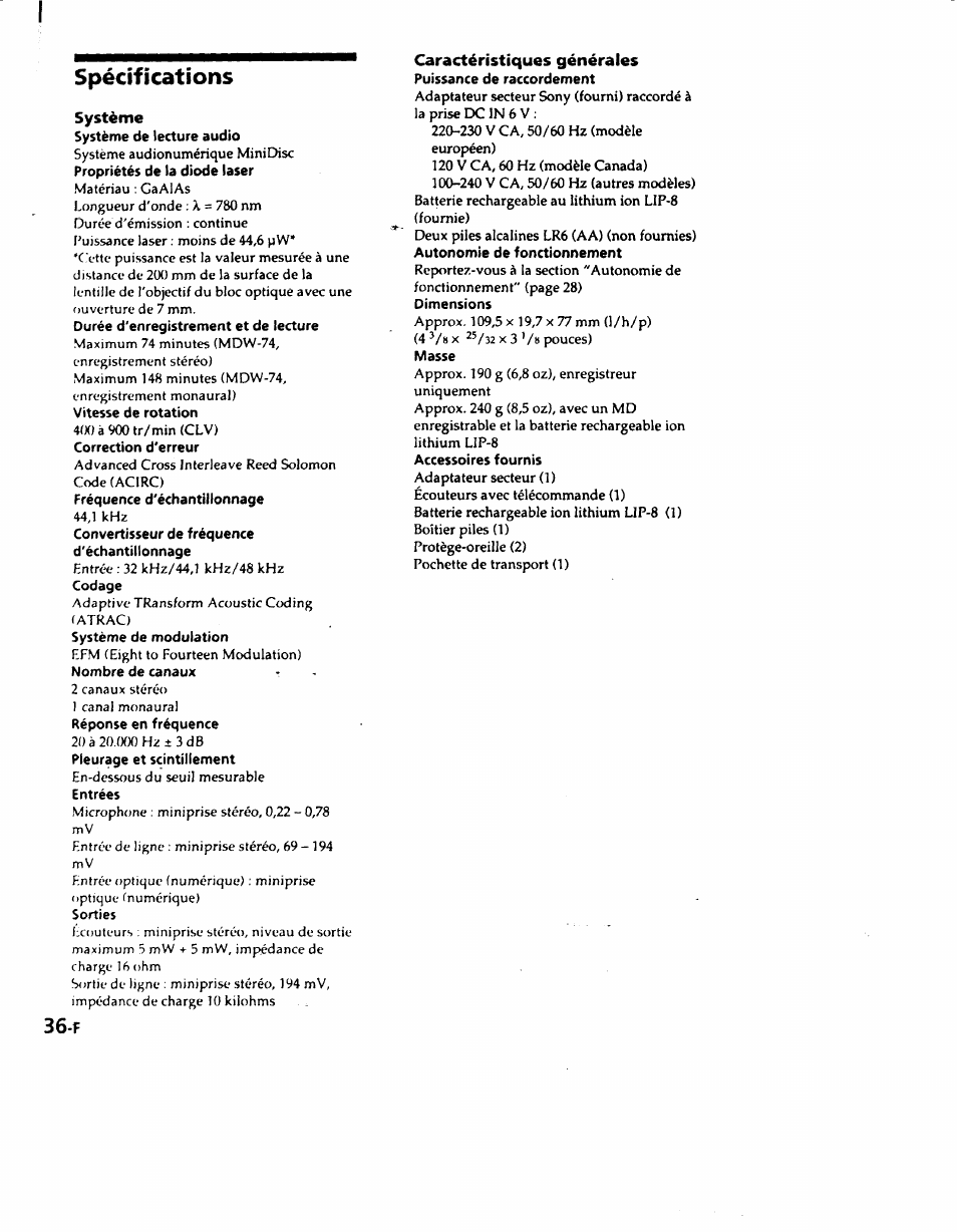 Spécifications, Système, Caractéristiques générales | Specifications | Sony MZ-R50 User Manual | Page 73 / 195