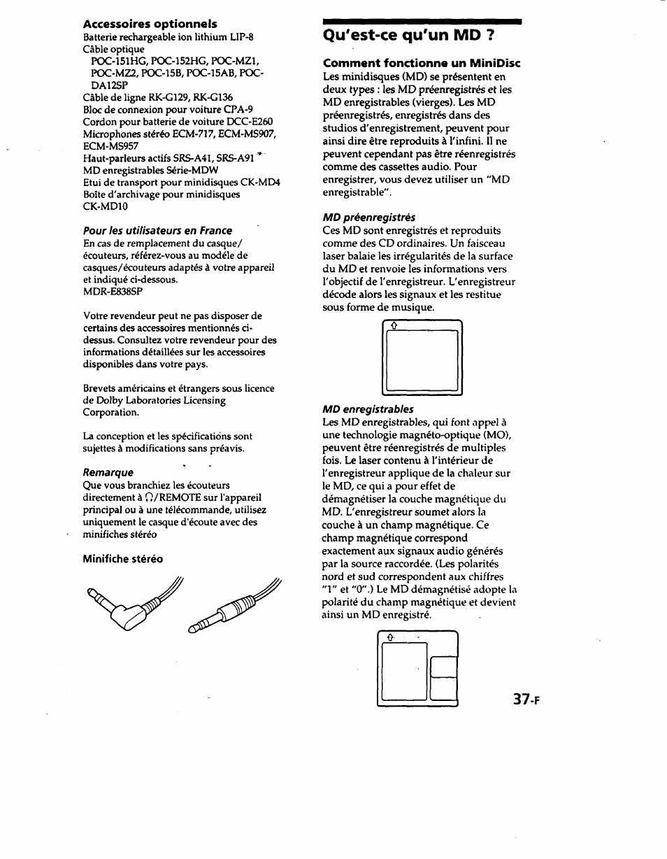 Accessoires optionnels, Minifiche stéréo, Qu'est-ce qu'un md | Comment fonctionne un minidisc | Sony MZ-R50 User Manual | Page 74 / 195