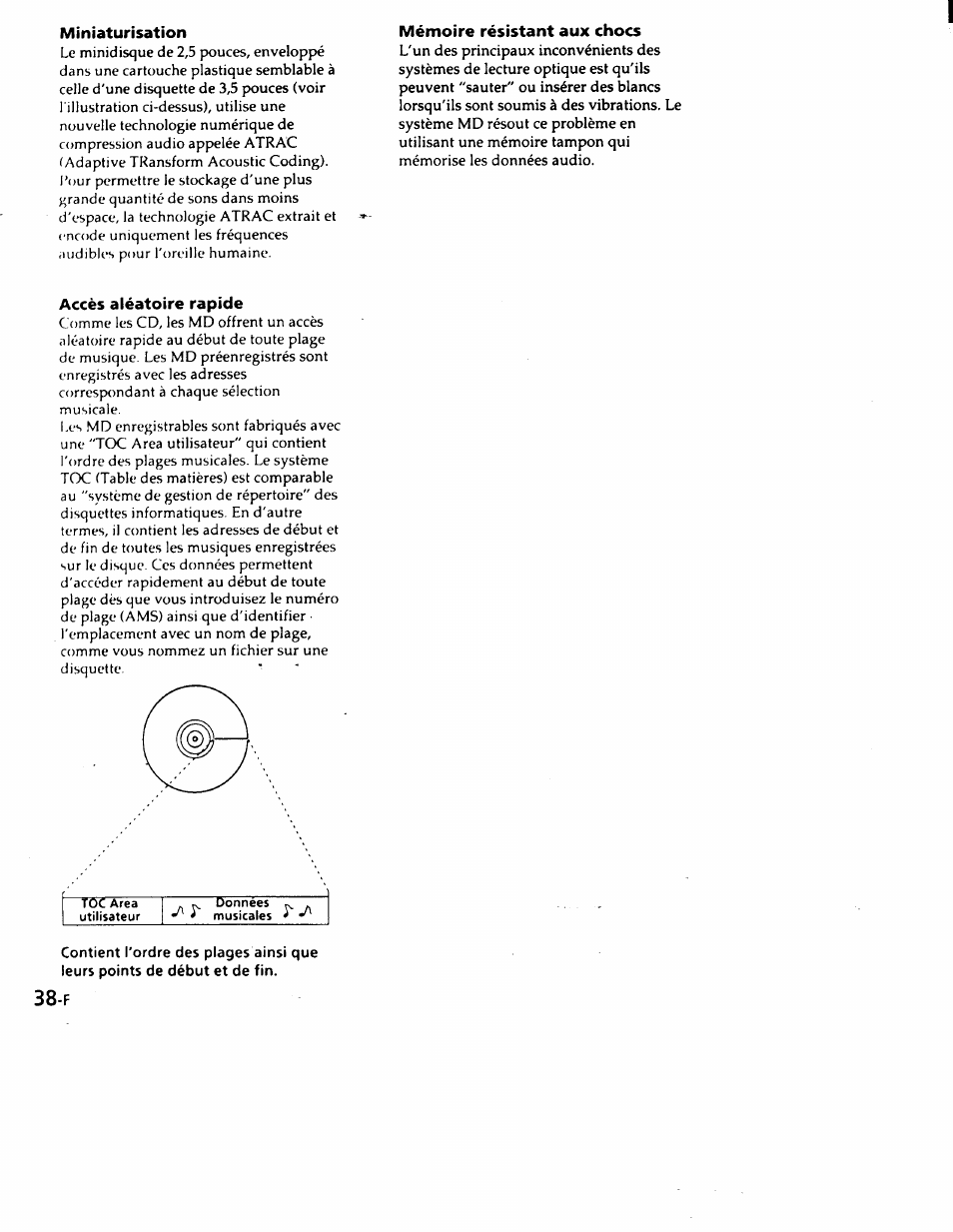 Miniaturisation, Mémoire résistant aux chocs, Accès aléatoire rapide | Toc area utilisateur, Données | Sony MZ-R50 User Manual | Page 75 / 195