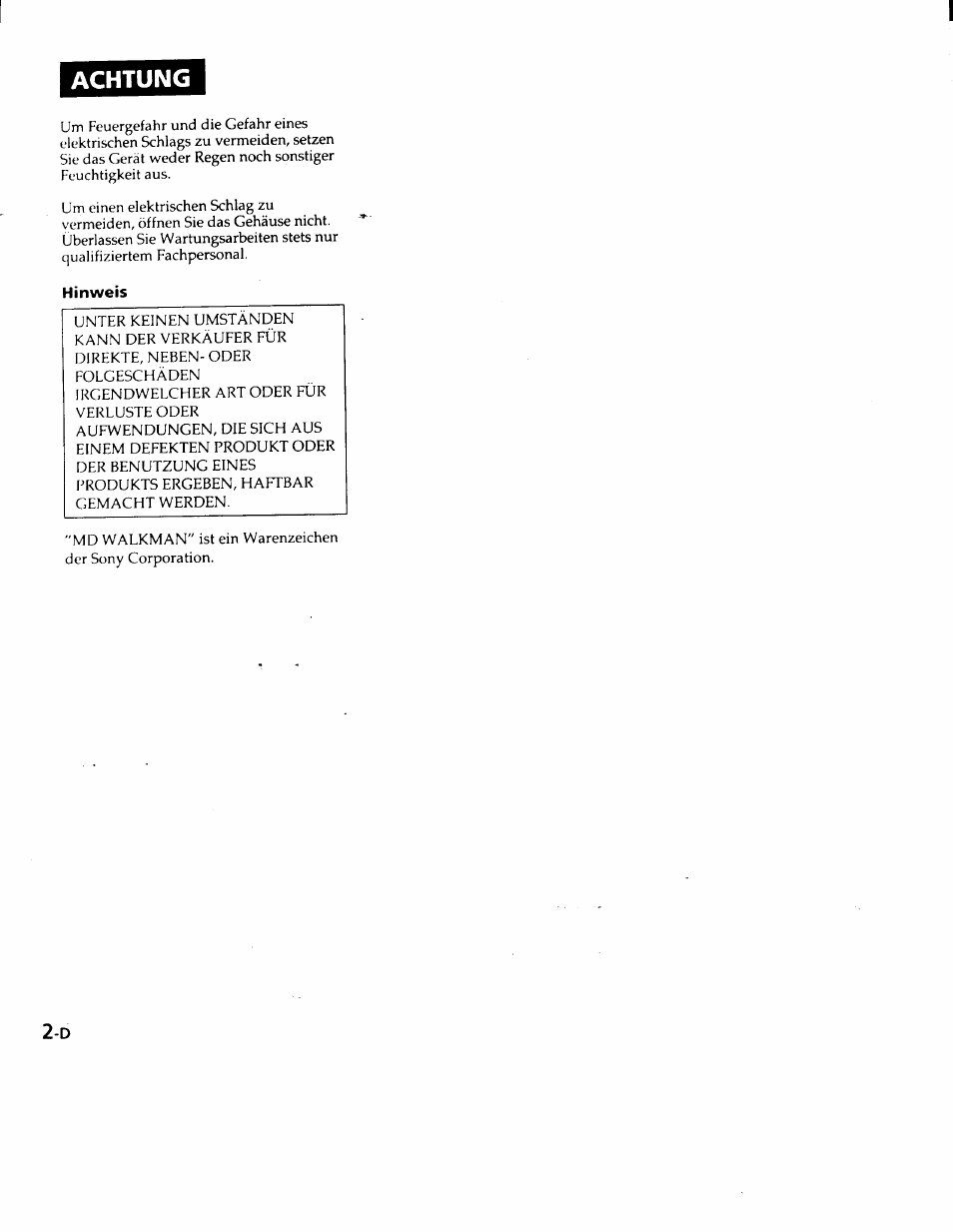 Achtung, Hinweis | Sony MZ-R50 User Manual | Page 79 / 195