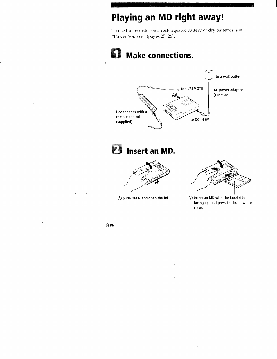 Playing an md right away, Make connections, Insert an md | Sony MZ-R50 User Manual | Page 8 / 195