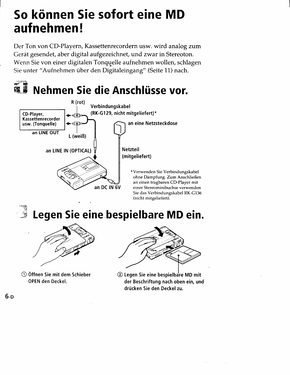 So können sie sofort eine md auf nehmen, Nehmen sie die anschlüsse vor, Legen sie eine bespielbare md ein | Sony MZ-R50 User Manual | Page 83 / 195