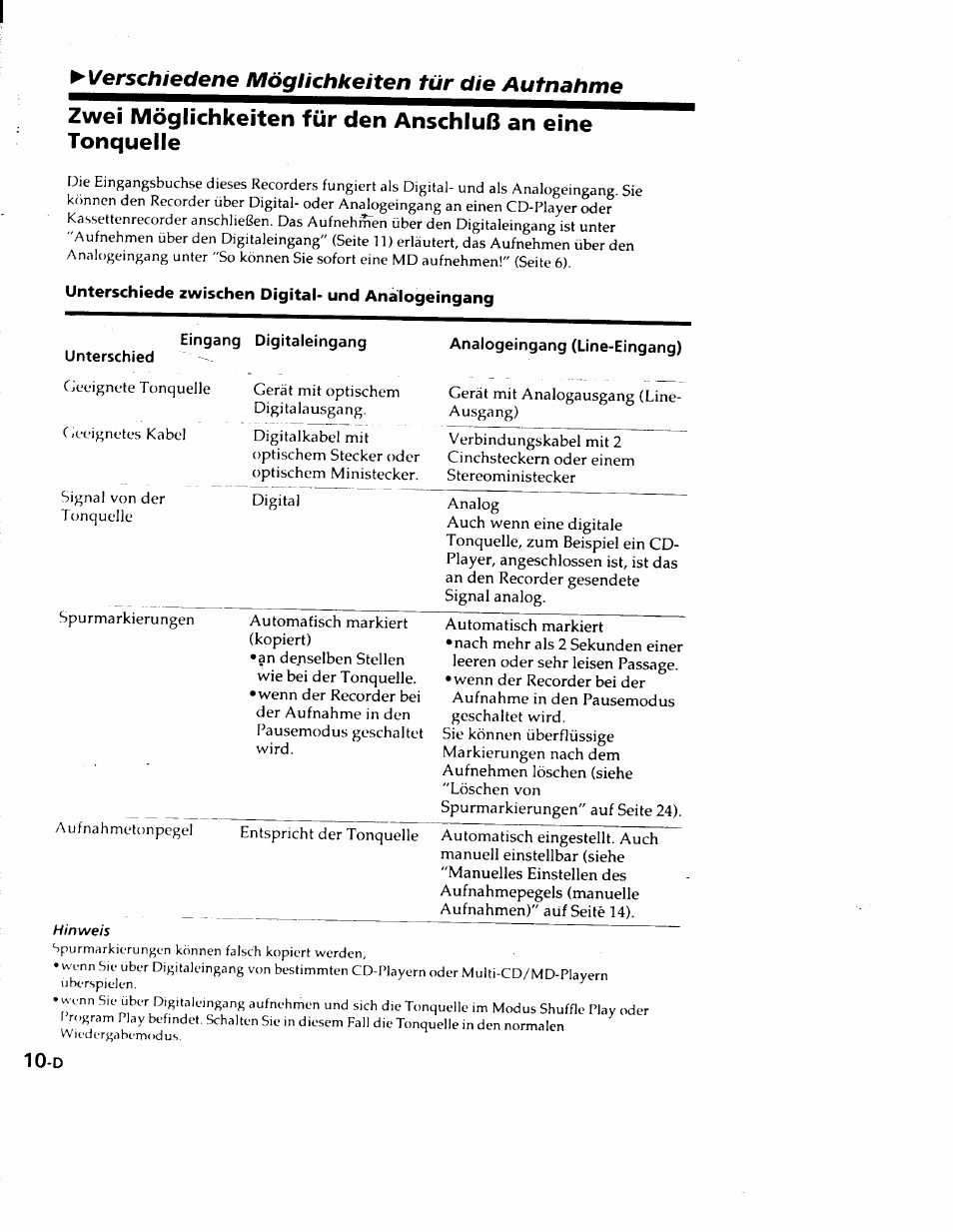 Verschiedene möglichkeiten tür die aufnahme, Unterschiede zwischen digital- und analogeingang, Unterschied | Eingang digitaleingang, Analogeingang (line-eingang) | Sony MZ-R50 User Manual | Page 87 / 195