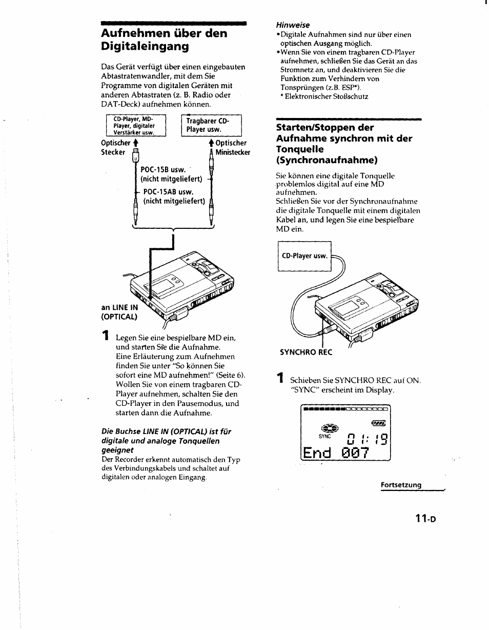 Aufnehmen über den digitaleingang, Fortsetzung, End 007 | Sony MZ-R50 User Manual | Page 88 / 195