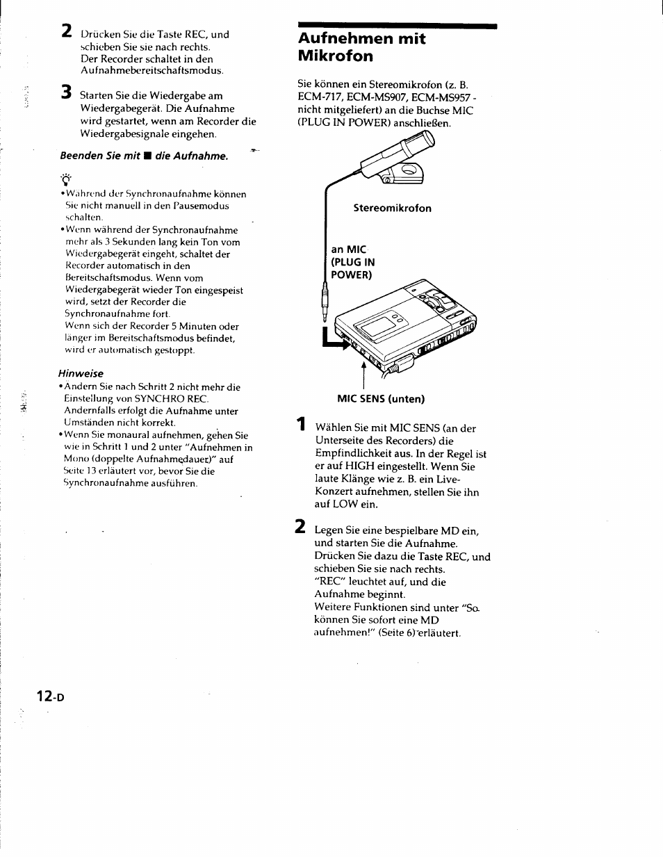 Aufnehmen mit mikrofon | Sony MZ-R50 User Manual | Page 89 / 195