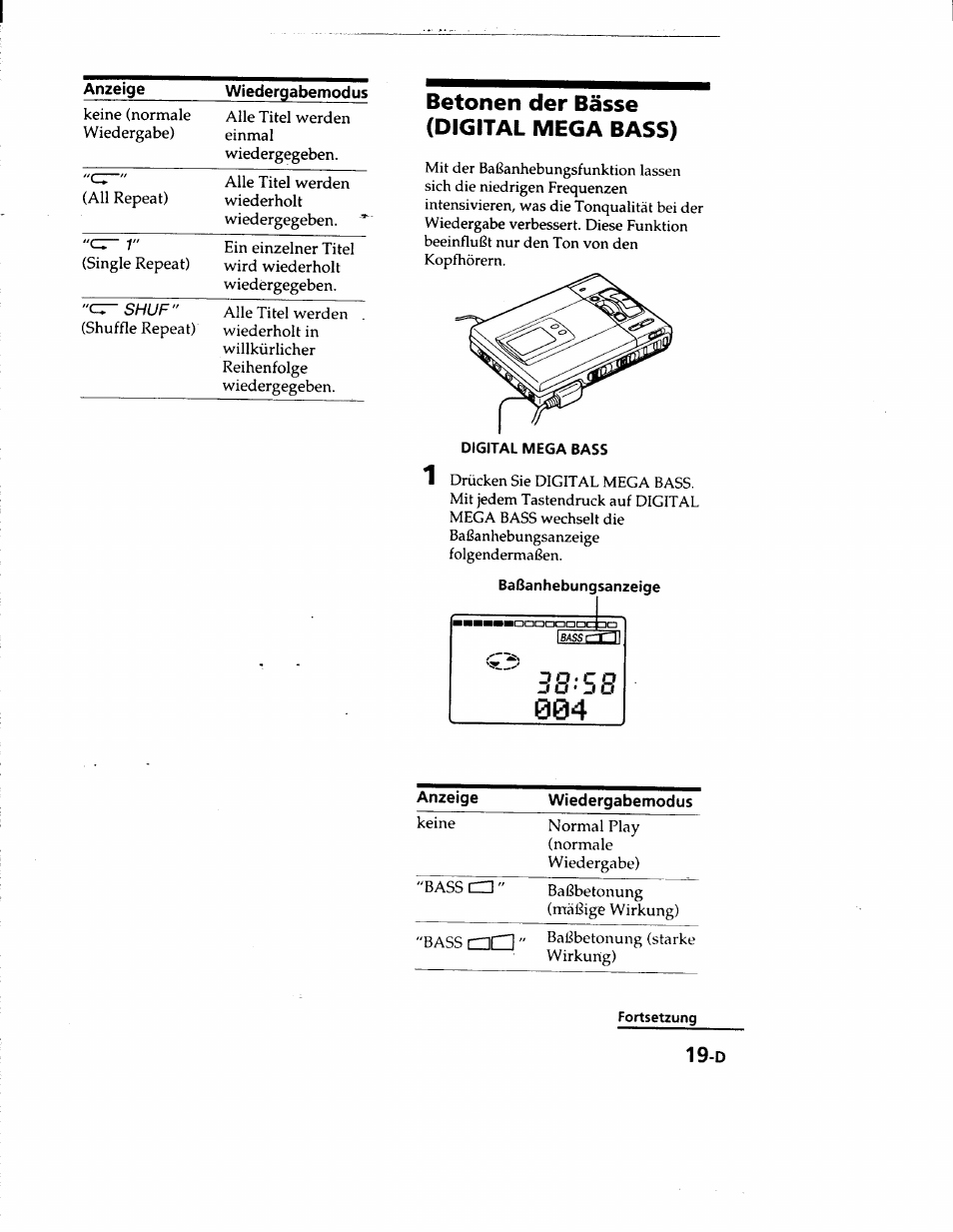 Betonen der bässe (digital mega bass), Baßanhebungsanzeige, Fortsetzung | Sony MZ-R50 User Manual | Page 96 / 195