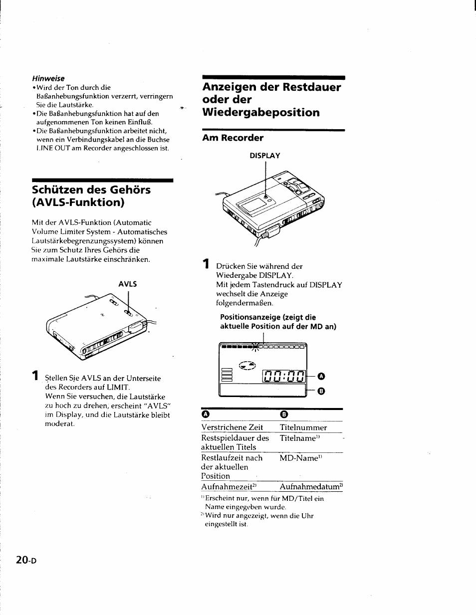 Schützen des gehörs (avls-funktion), Anzeigen der restdauer oder der, Wiedergabeposition | Anzeigen der restdauer oder der wiedergabeposition | Sony MZ-R50 User Manual | Page 97 / 195