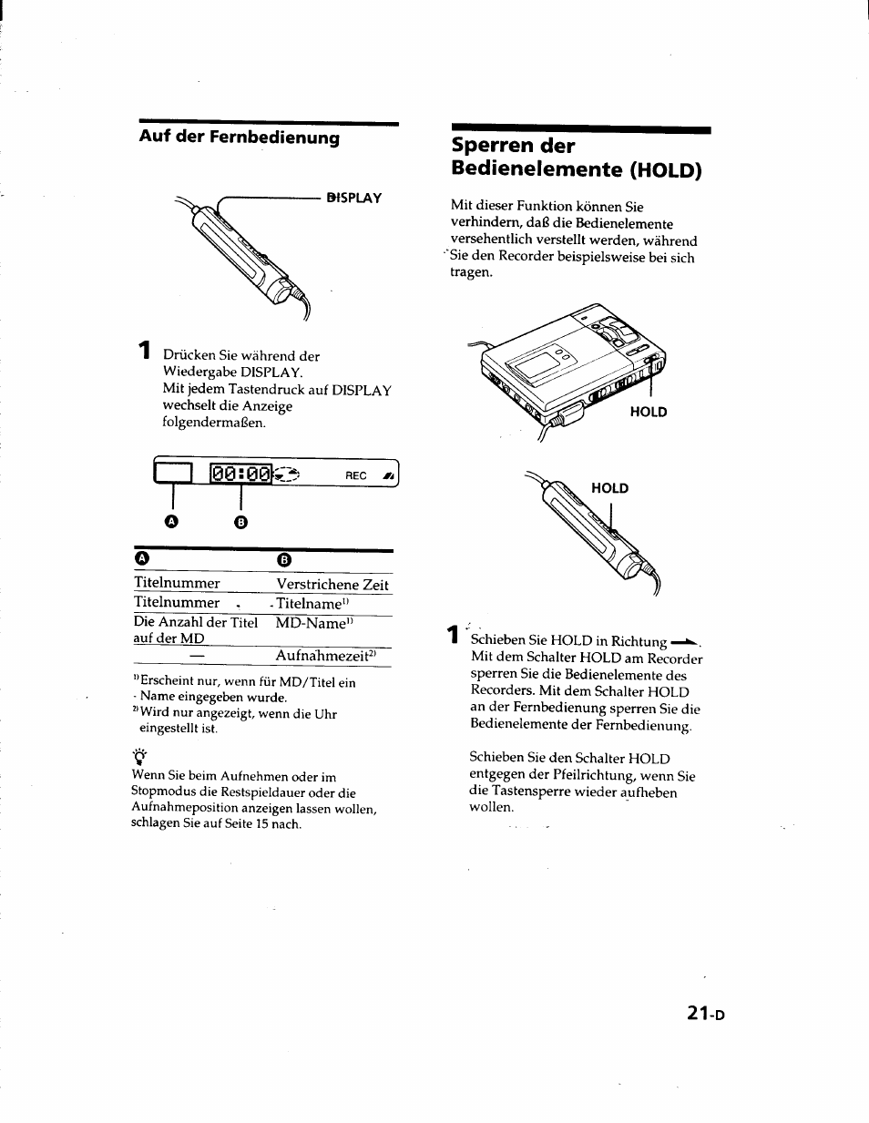 Bisplay, Sperren der, Bedienelemente (hold) | Sperren der bedienelemente (hold), I i l00:00^e | Sony MZ-R50 User Manual | Page 98 / 195