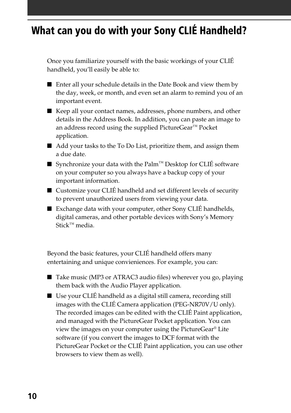 What can you do with your sony clié handheld | Sony PEG-NR70V User Manual | Page 10 / 68