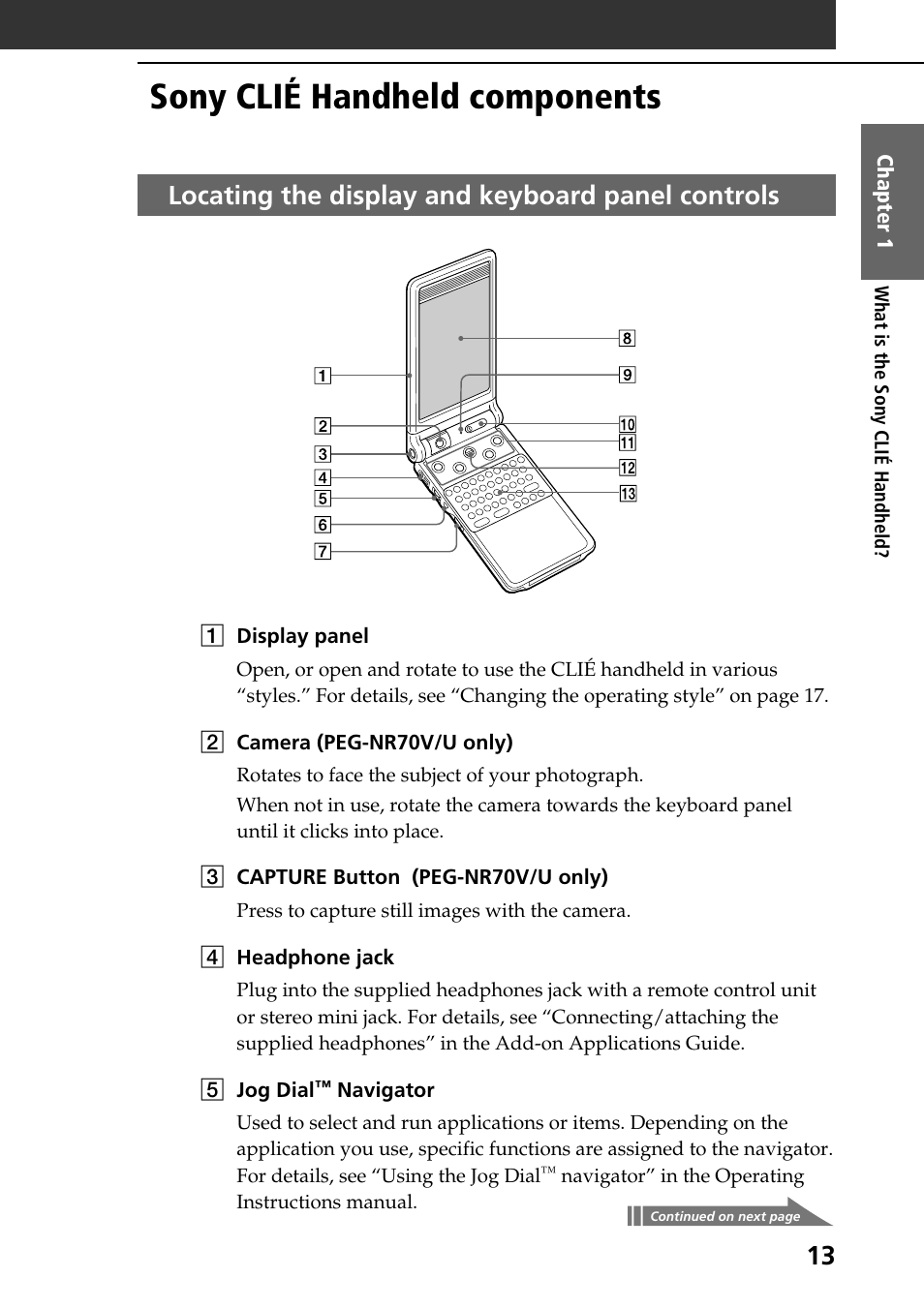 Sony clié handheld components, Locating the display and keyboard panel controls | Sony PEG-NR70V User Manual | Page 13 / 68