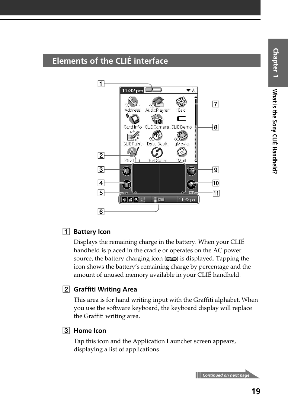 Elements of the clié interface | Sony PEG-NR70V User Manual | Page 19 / 68