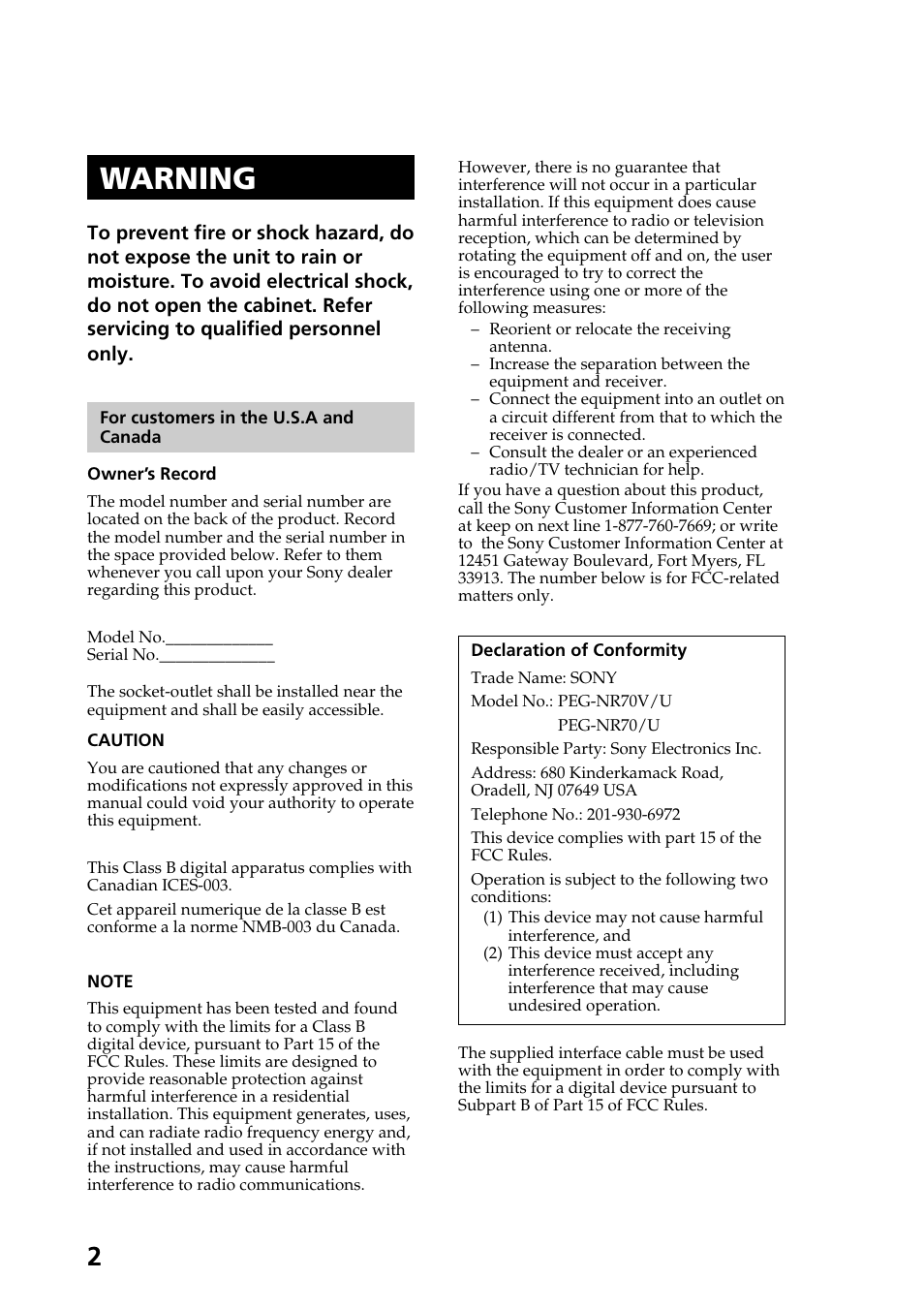 Warning | Sony PEG-NR70V User Manual | Page 2 / 68