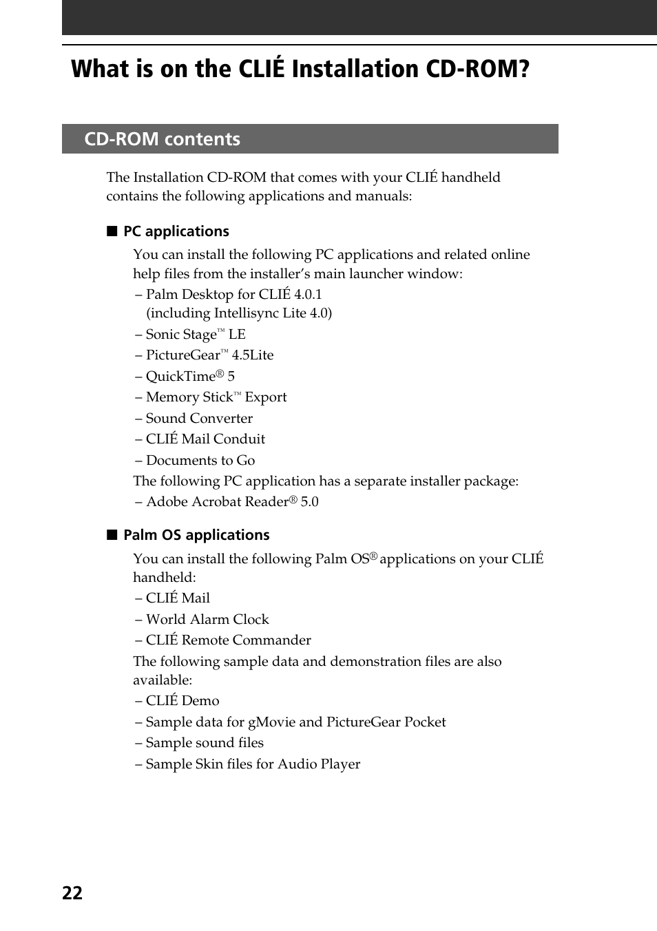 What is on the clié installation cd-rom, Cd-rom contents | Sony PEG-NR70V User Manual | Page 22 / 68