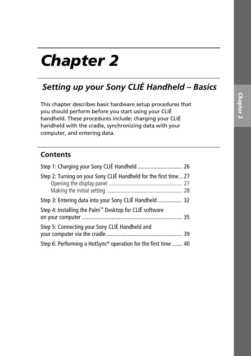 Chapter 2, Setting up your sony clié handheld – basics | Sony PEG-NR70V User Manual | Page 25 / 68
