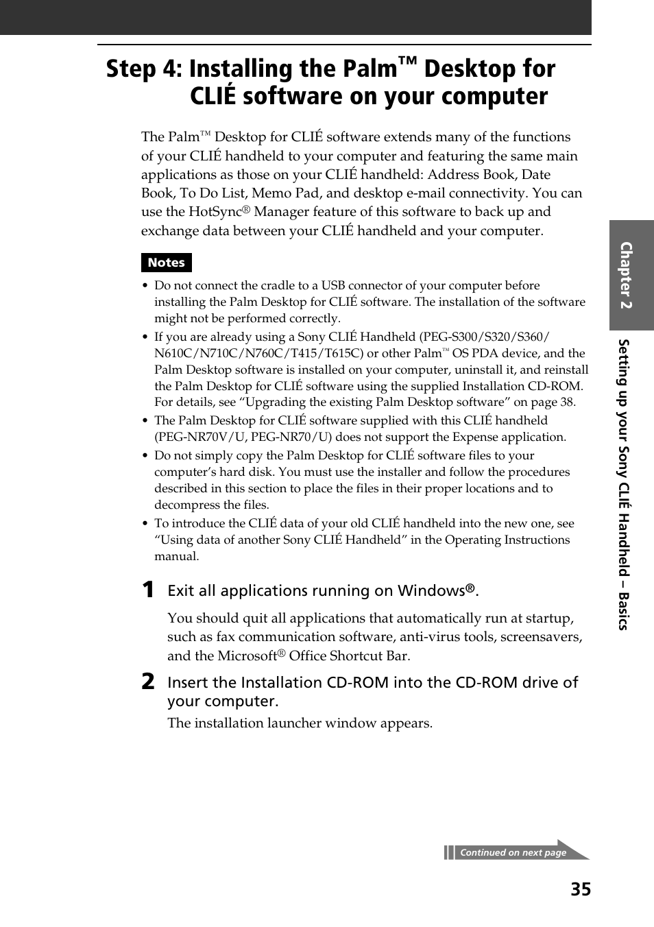Step 4: installing the palm, Desktop for clié software on your computer | Sony PEG-NR70V User Manual | Page 35 / 68