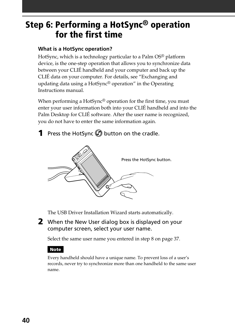 Step 6: performing a hotsync, Operation for the first time | Sony PEG-NR70V User Manual | Page 40 / 68