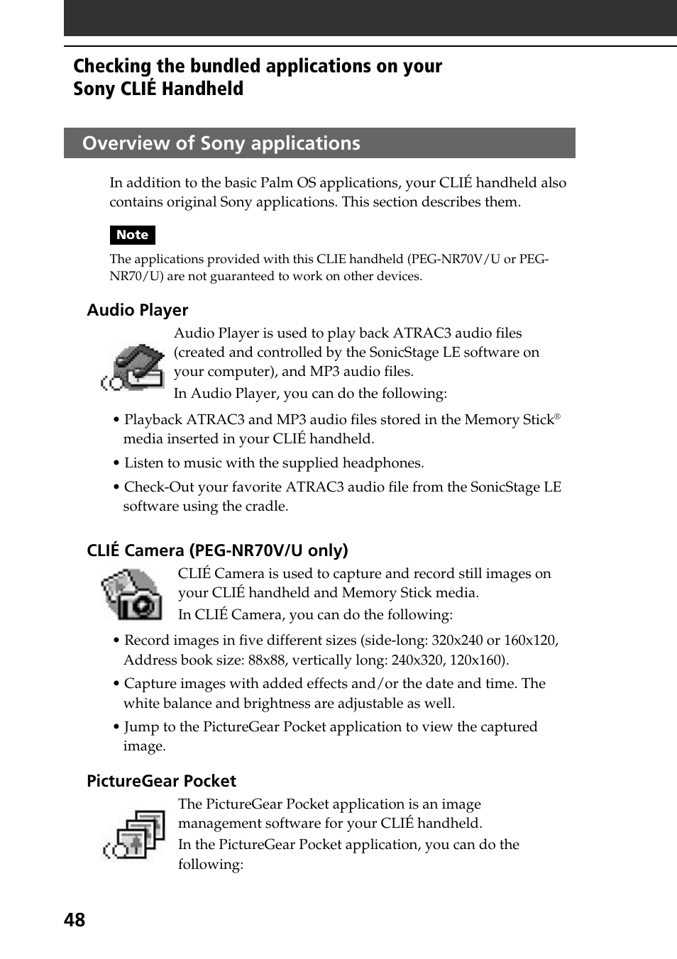 Overview of sony applications, 48 overview of sony applications | Sony PEG-NR70V User Manual | Page 48 / 68