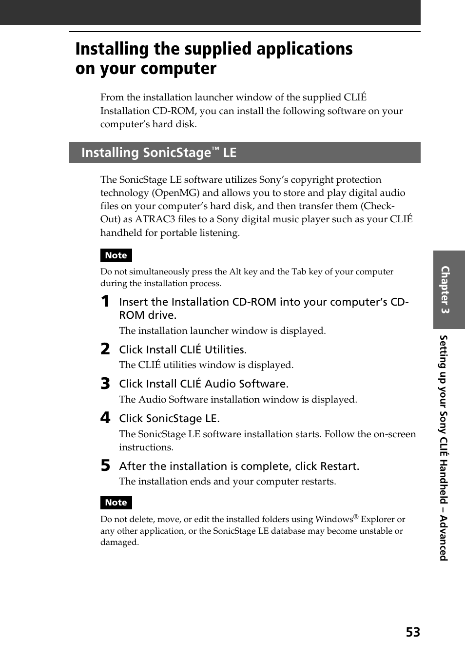 Installing sonicstage™ le, Installing sonicstage | Sony PEG-NR70V User Manual | Page 53 / 68