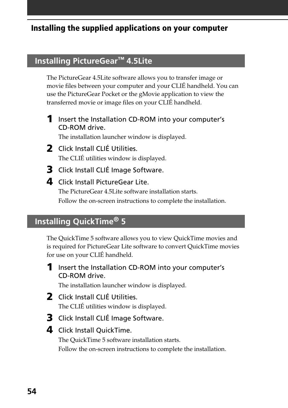 Installing picturegear™ 4.5lite, Installing quicktime® 5, Installing picturegear | 5lite, Installing quicktime | Sony PEG-NR70V User Manual | Page 54 / 68