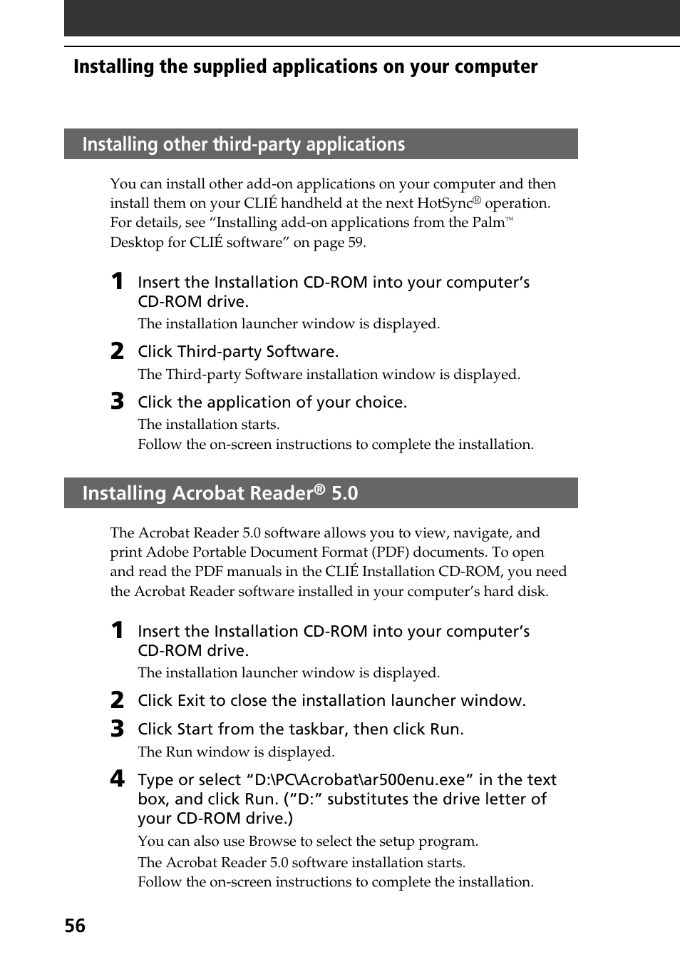 Installing other third-party applications, Installing acrobat reader® 5.0 | Sony PEG-NR70V User Manual | Page 56 / 68