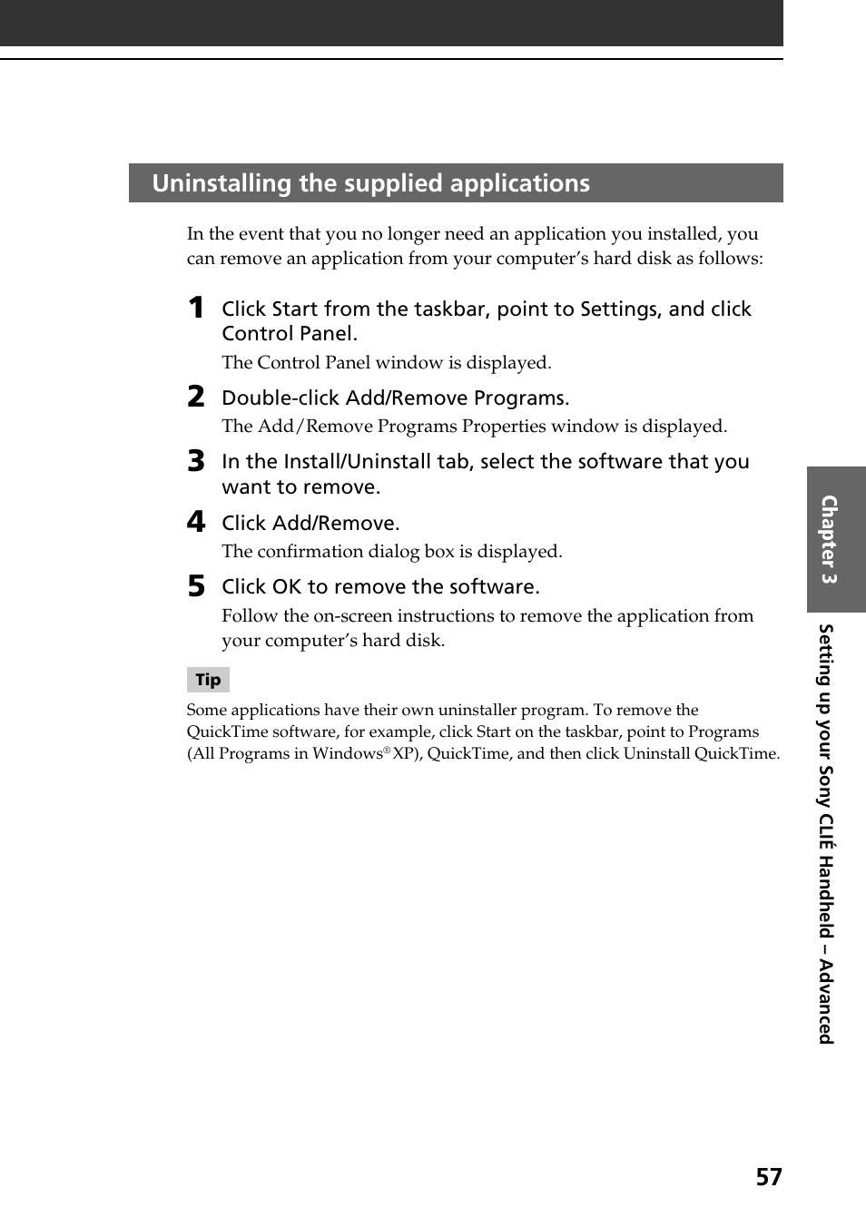 Uninstalling the supplied applications | Sony PEG-NR70V User Manual | Page 57 / 68