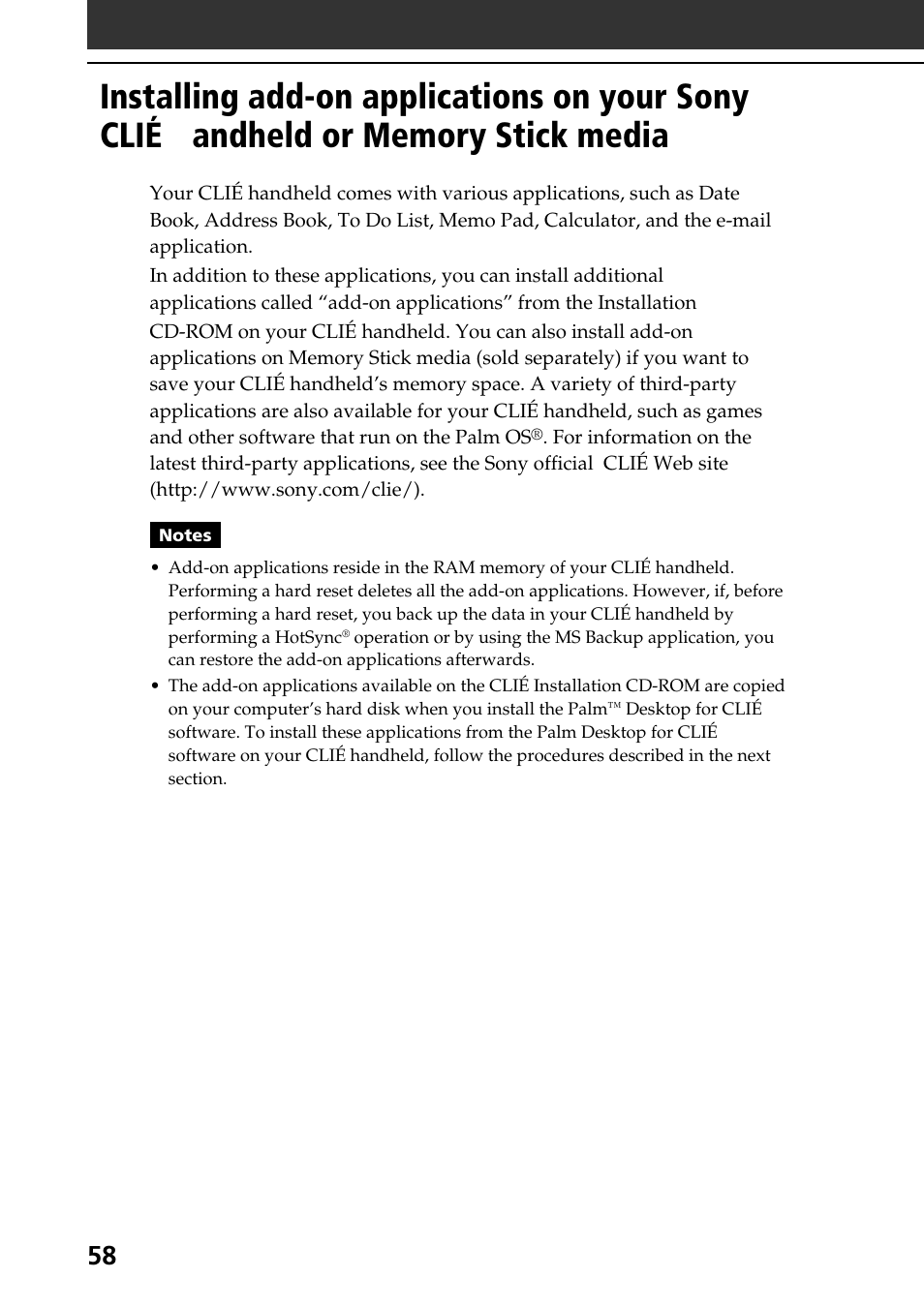 Installing add-on applications on your sony clié, Handheld or memory stick, Media | Sony PEG-NR70V User Manual | Page 58 / 68