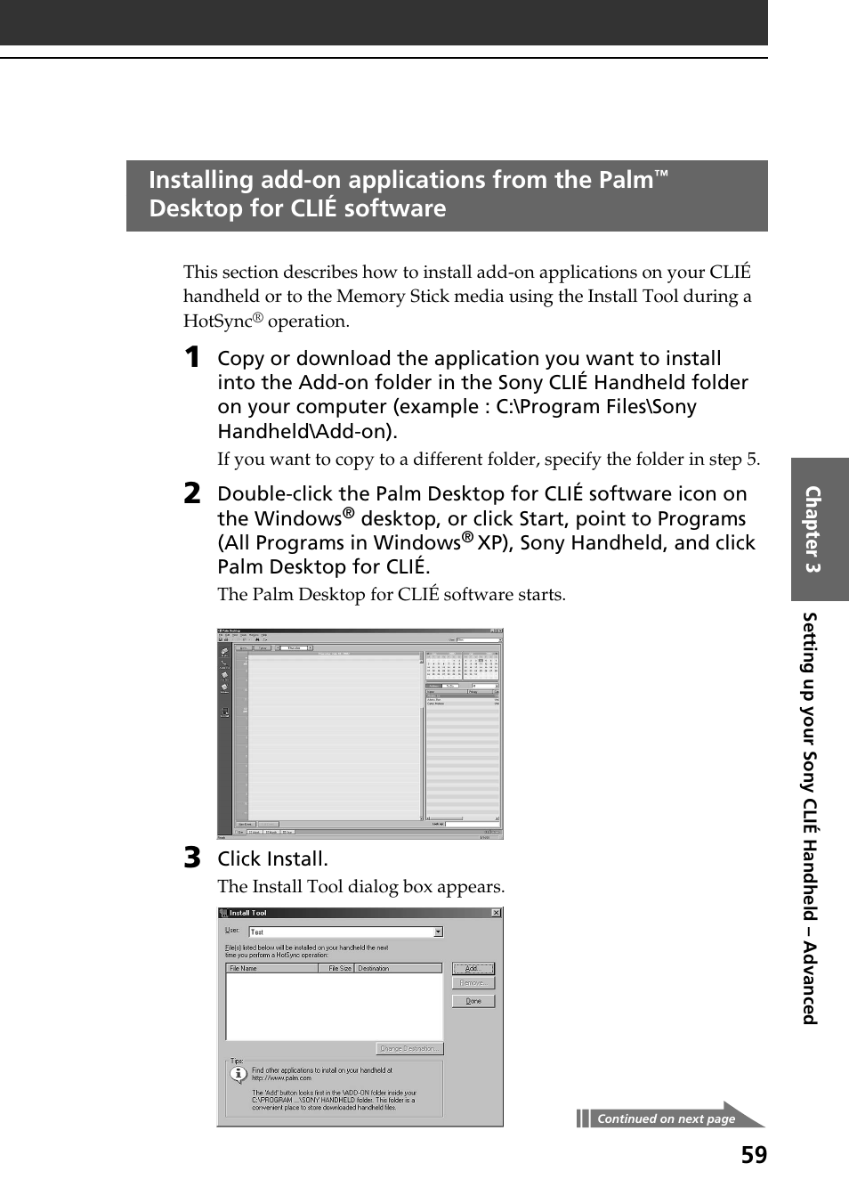 Installing add-on applications from the palm, Desktop for clié software | Sony PEG-NR70V User Manual | Page 59 / 68