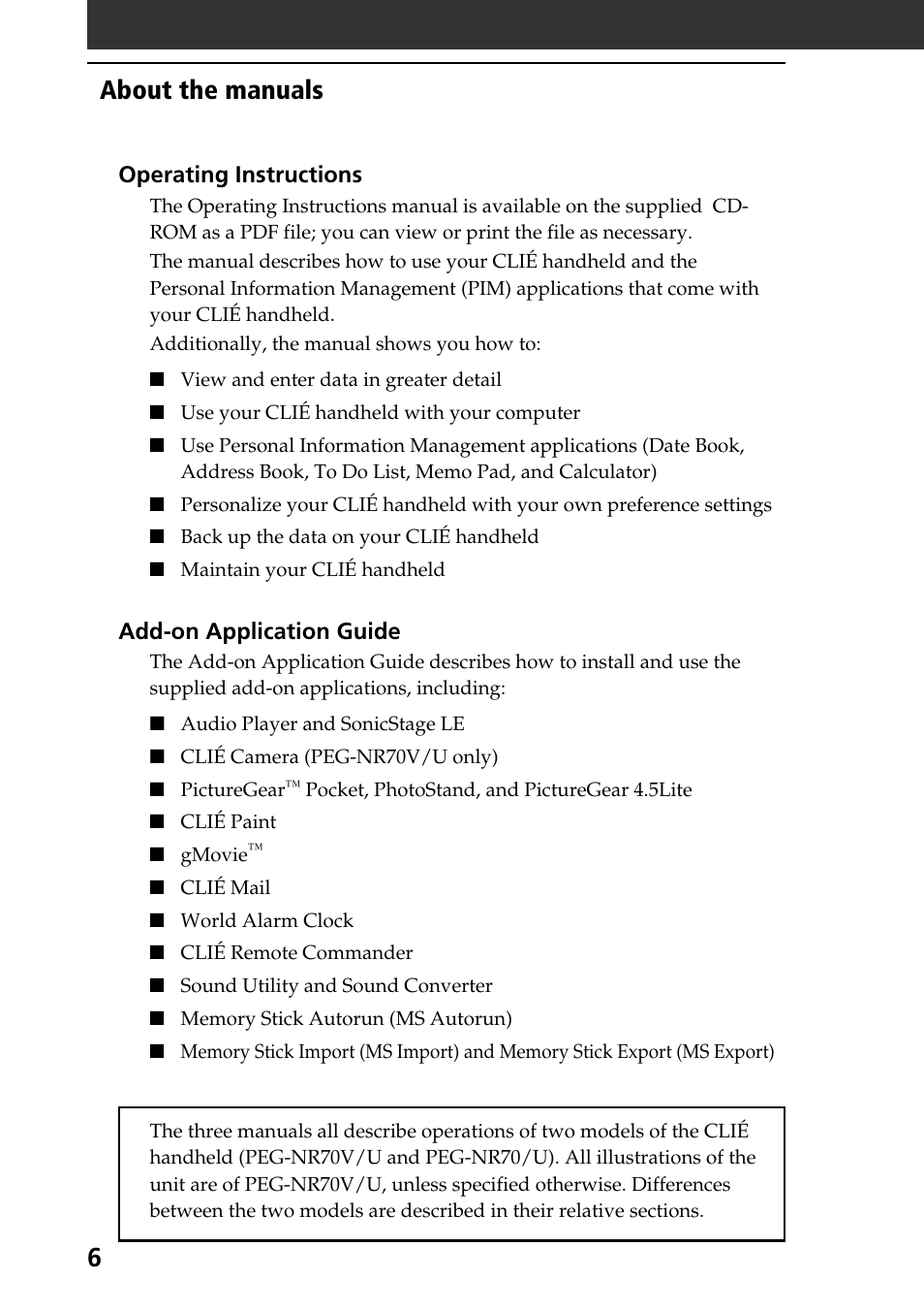 About the manuals | Sony PEG-NR70V User Manual | Page 6 / 68