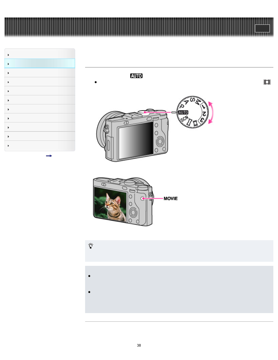 Shooting movies, Cyber-shot user guide | Sony DSC-RX1 User Manual | Page 38 / 267