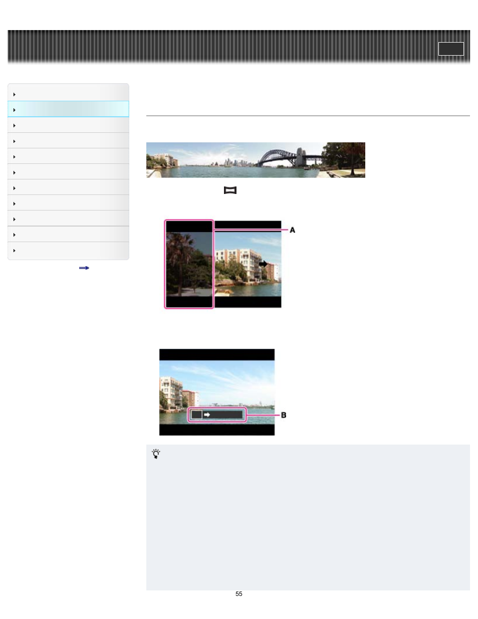 Sweep panorama, Cyber-shot user guide | Sony DSC-RX1 User Manual | Page 55 / 267