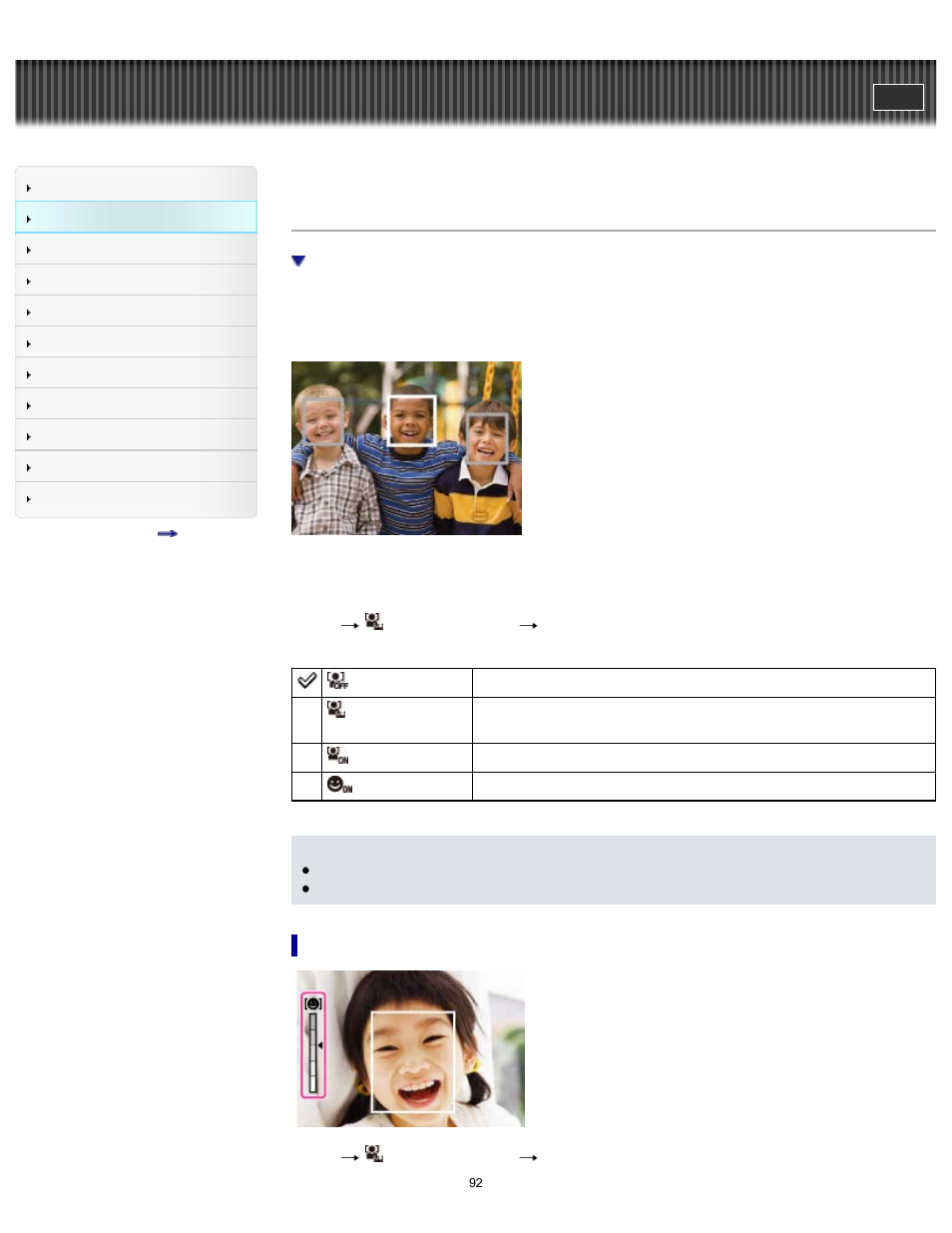 Smile/face detect, Cyber-shot user guide | Sony DSC-RX1 User Manual | Page 92 / 267