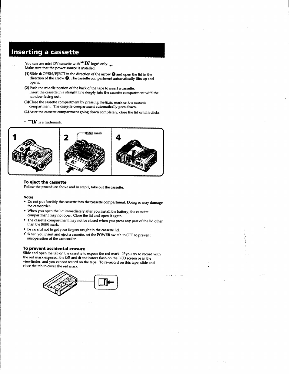 Inserting a cassette, To eject the cassette, To prevent accidental erasure | Sony DCR-PC1 User Manual | Page 10 / 102