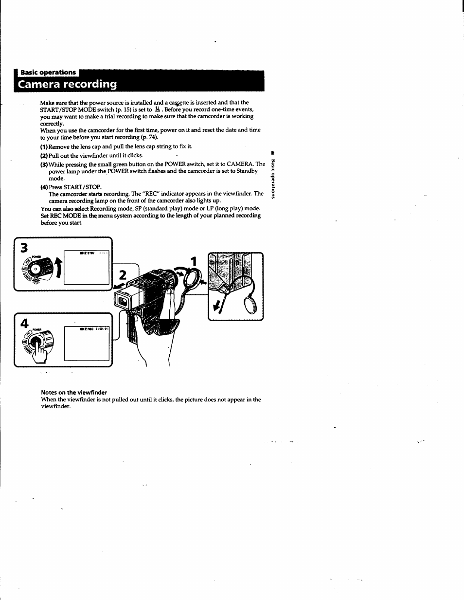 I bask operations, Camera recording, Notes on the viewfinder | Sony DCR-PC1 User Manual | Page 11 / 102