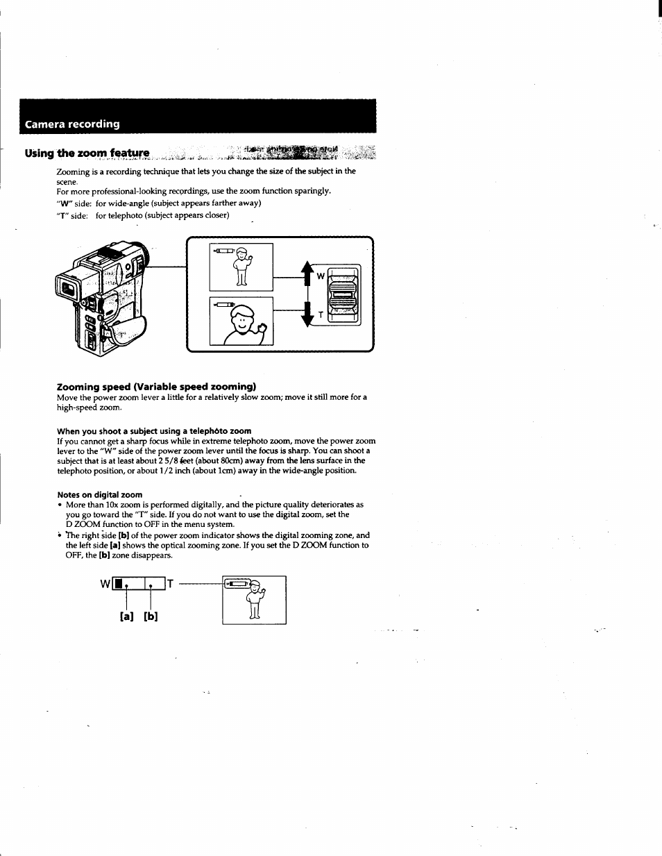 Using the zoom f^atufe, Zooming speed (variable speed zooming), When you shoot a subject using a telephoto zoom | Notes on digital zoom, Using the zoom feature, Camera recording | Sony DCR-PC1 User Manual | Page 14 / 102