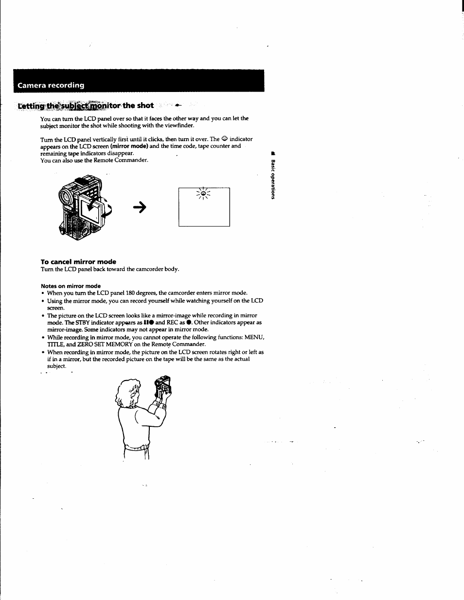 Letting' th#sml^i^;mdiiitpr the shot, To cancel mirror mode, Camera recording | Sony DCR-PC1 User Manual | Page 17 / 102