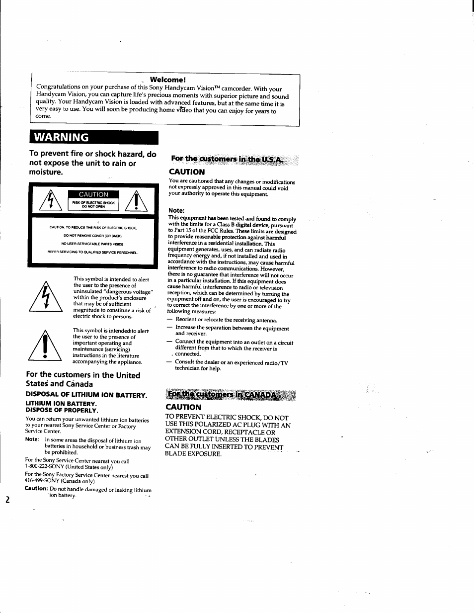 Warning, For the customers in the united, States' and canada | Lithium ion battery, Dispose of properly, For the customers in the u.s jv. caution, Note, Caution | Sony DCR-PC1 User Manual | Page 2 / 102