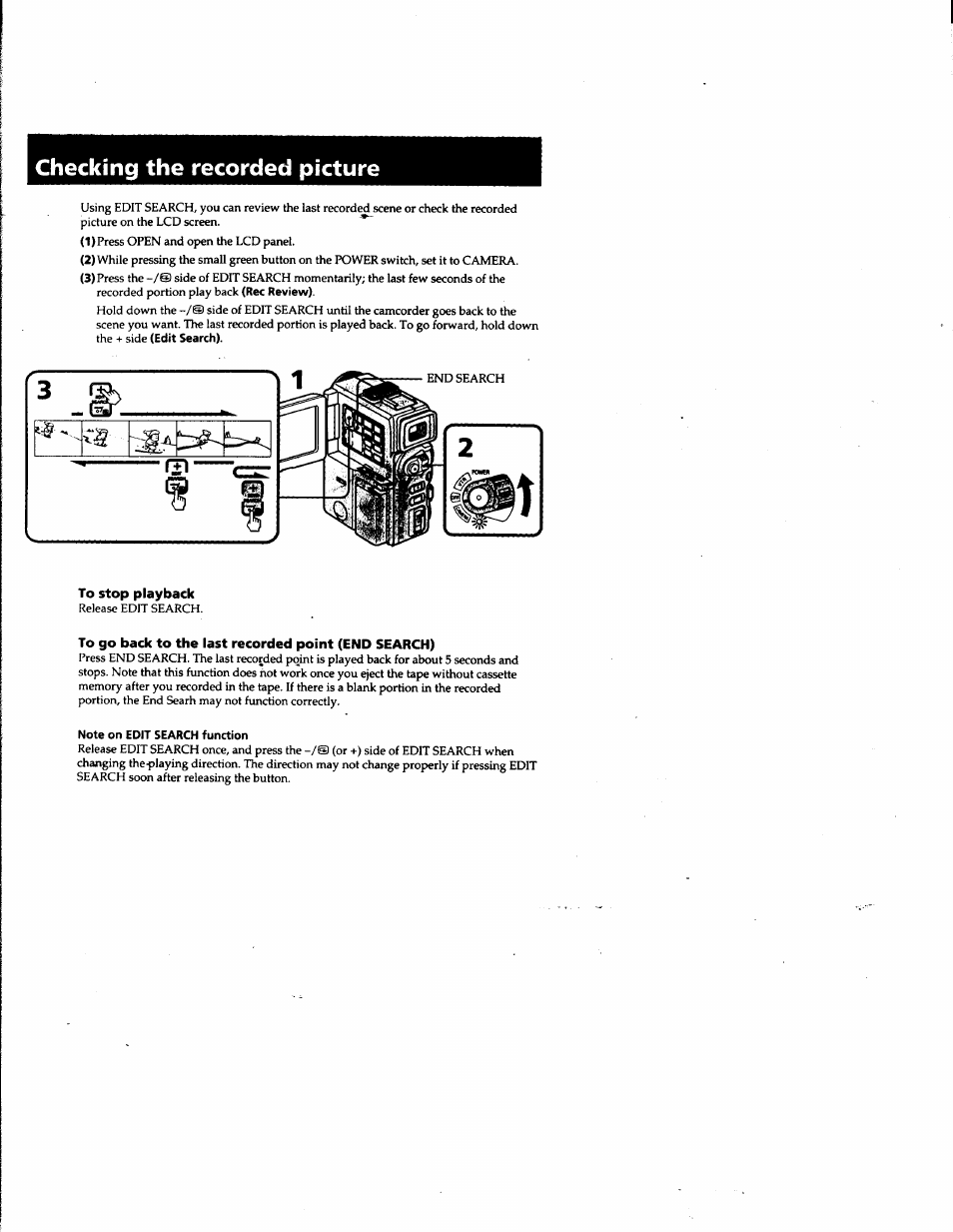 Checking the recorded picture, To stop playback, To go back to the last recorded point (end search) | Note on edit search function | Sony DCR-PC1 User Manual | Page 20 / 102