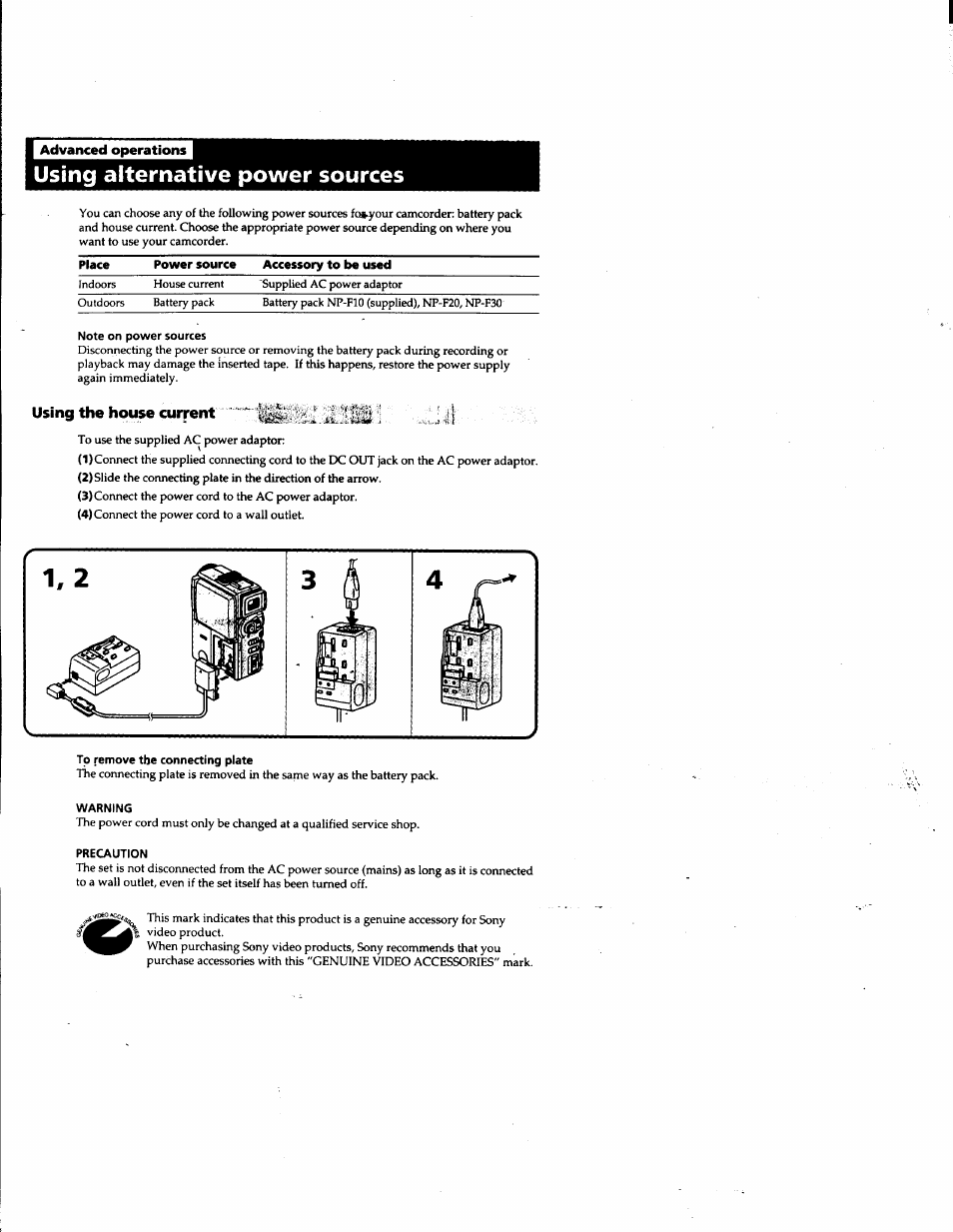 Advanced operations, Using alternative power sources, Note on power sources | Using the house current, To remove the connecting plate, Warning, Precaution | Sony DCR-PC1 User Manual | Page 24 / 102