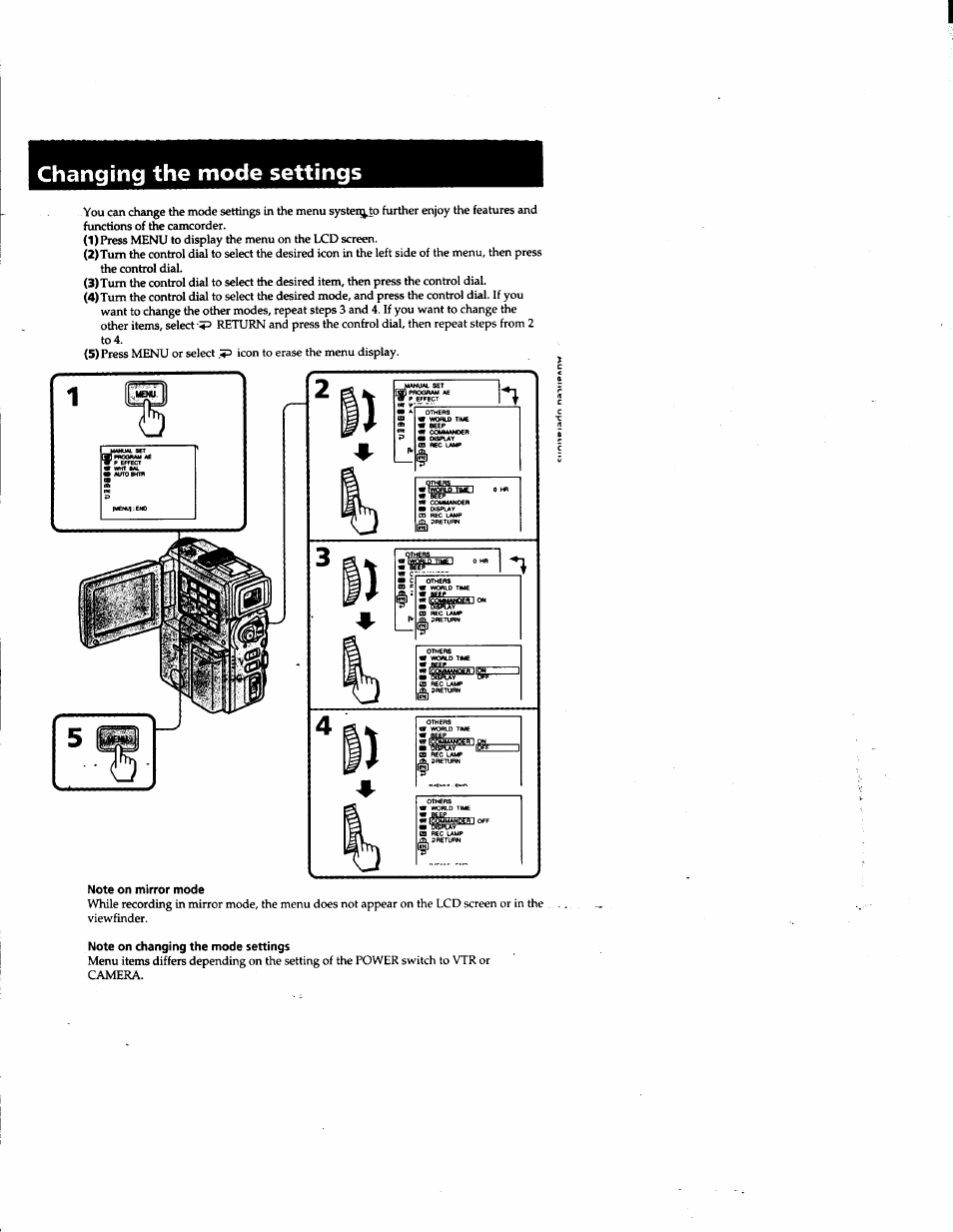 Changing the mode settings, Note on changing the mode settings | Sony DCR-PC1 User Manual | Page 27 / 102