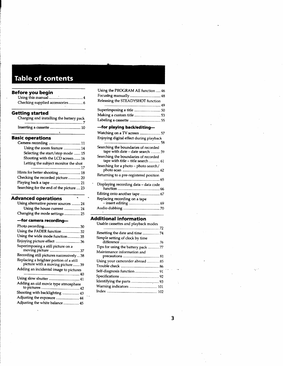 Sony DCR-PC1 User Manual | Page 3 / 102